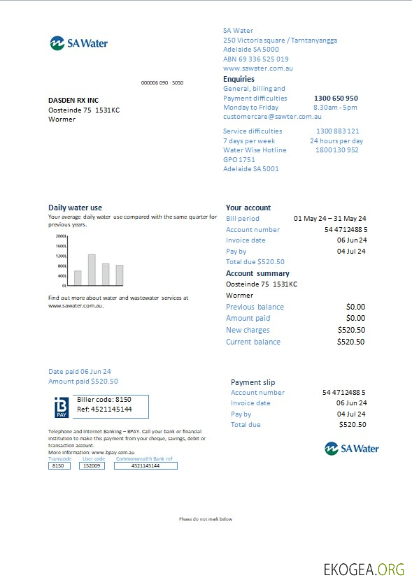 Modèle Word et PDF de facture de services publics de l'eau des Pays Bas SA